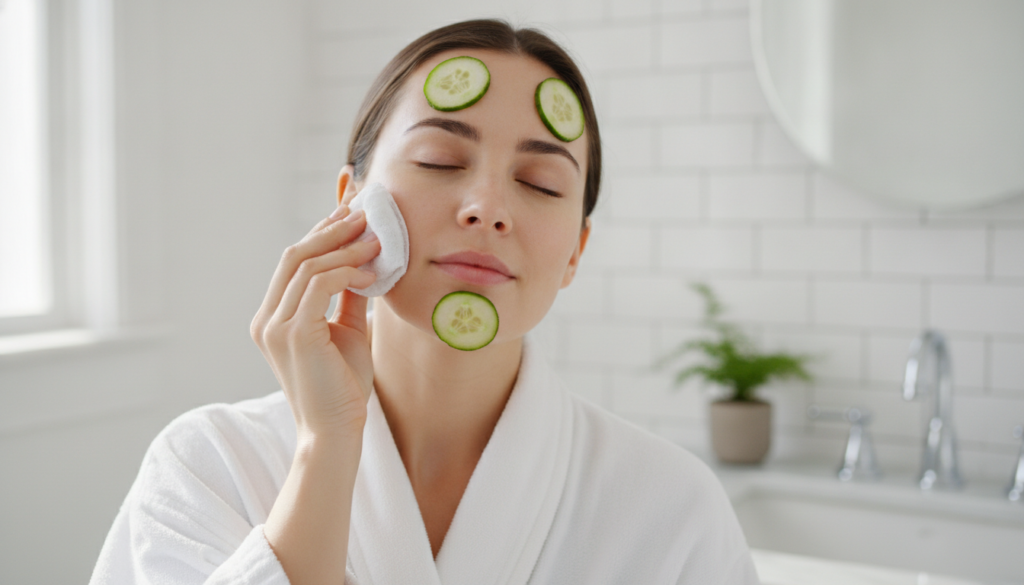 A woman gently applying an ice cube wrapped in a thin cloth to her cheek with a few cucumber slices visible on her face