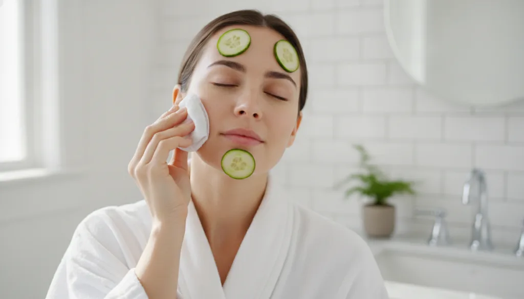 A woman gently applying an ice cube wrapped in a thin cloth to her cheek with a few cucumber slices visible on her face 