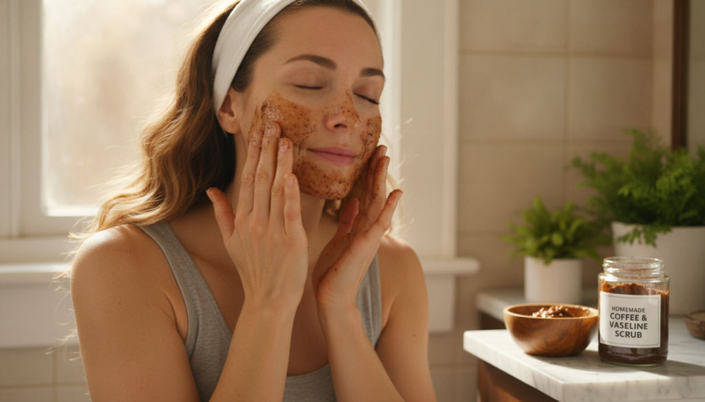 A woman gently applying a homemade coffee and Vaseline scrub to her face