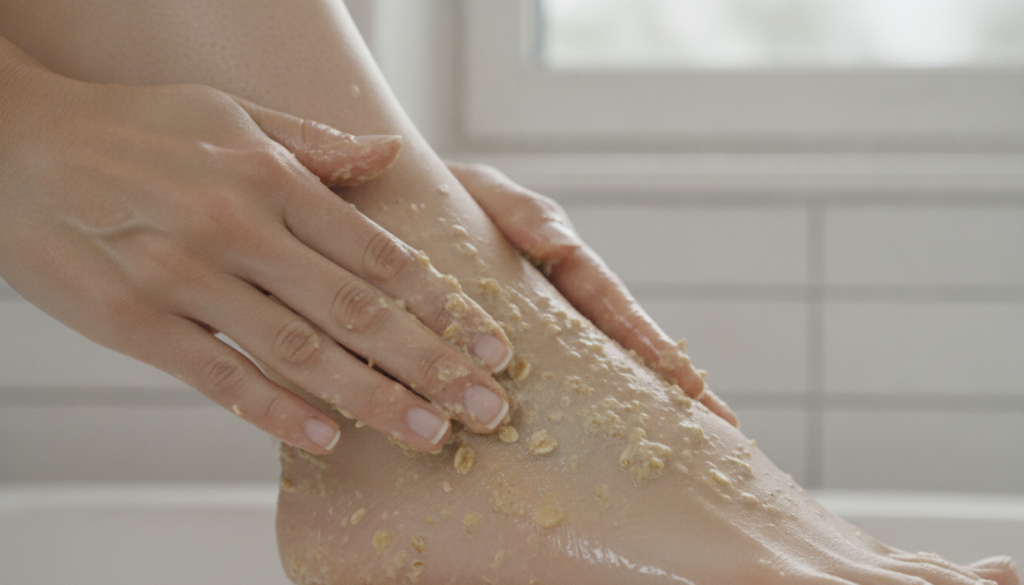 A person gently massaging the oat foot scrub onto their heel showing the application process
