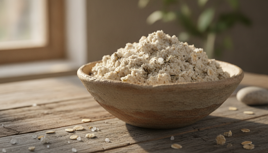 A bowl with the prepared oat foot scrub showing a thick grainy paste texture