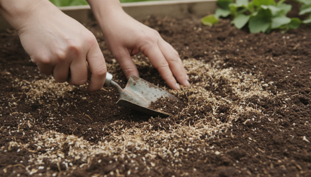 Gardener s hands gently preparing soil in a garden bed with a small trowel showing rich dark soil and a sprinkle of comp
