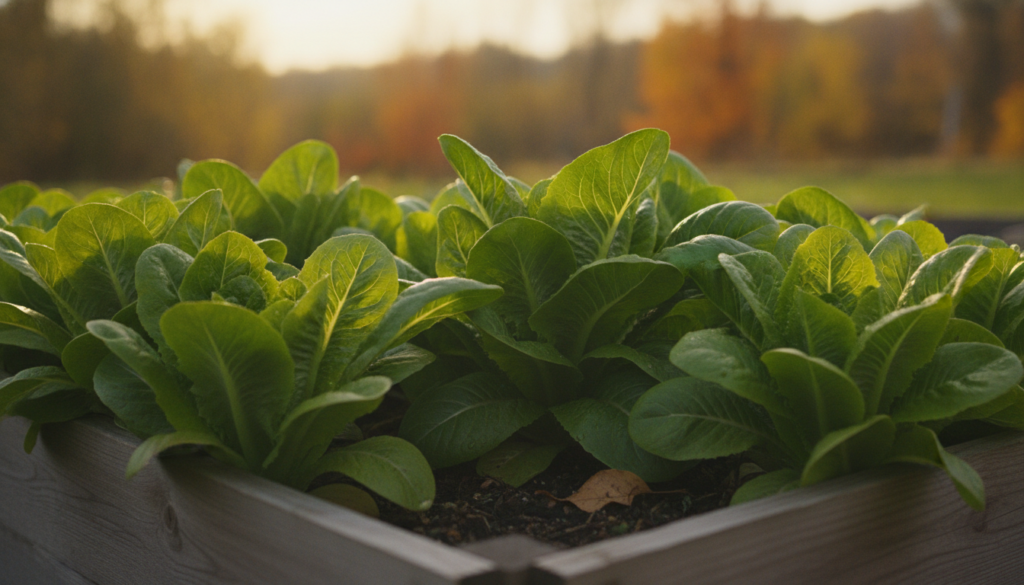 Close-up image of vibrant green lettuce and spinach growing healthily in a raised garden bed during autumn with soft sun