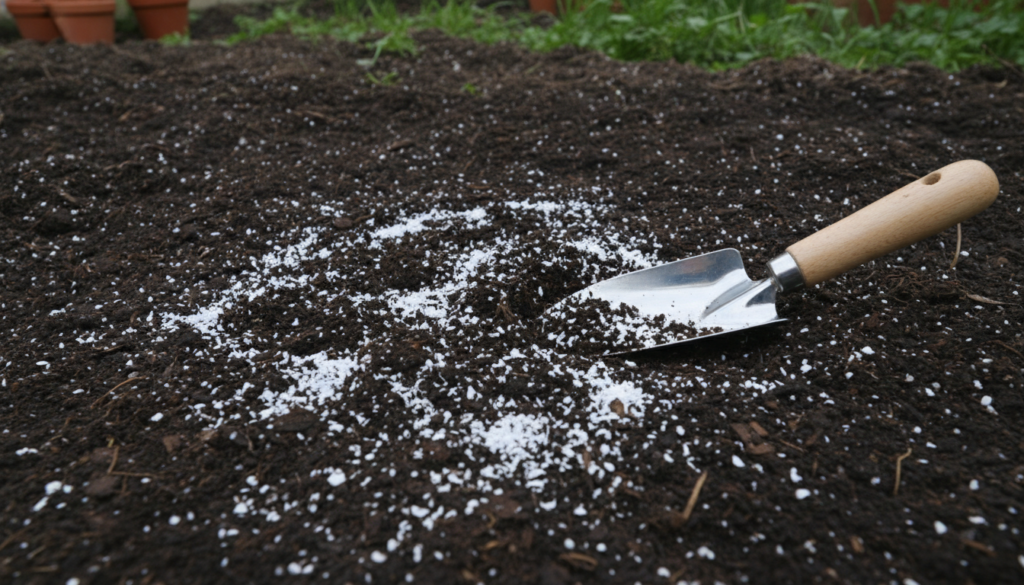 Finely crushed eggshells mixed into garden soil with a small trowel nearby