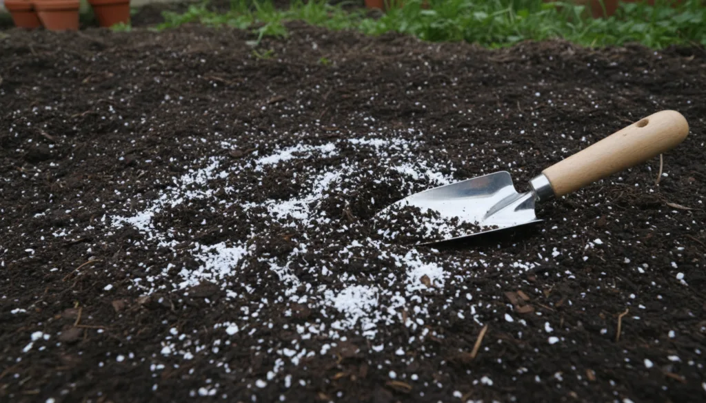 Finely crushed eggshells mixed into garden soil with a small trowel nearby