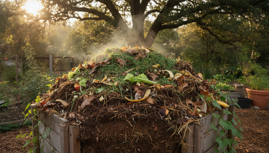 A well-maintained backyard compost pile showing layers of brown and green materials with steam gently rising