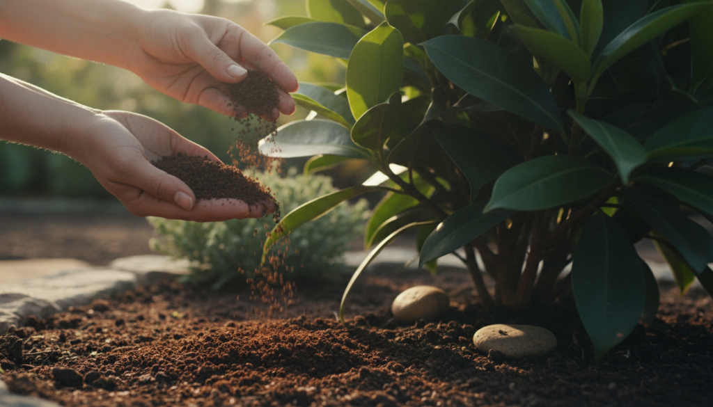 Someone gently sprinkling used coffee grounds around the base of a vibrant green plant in a garden bed