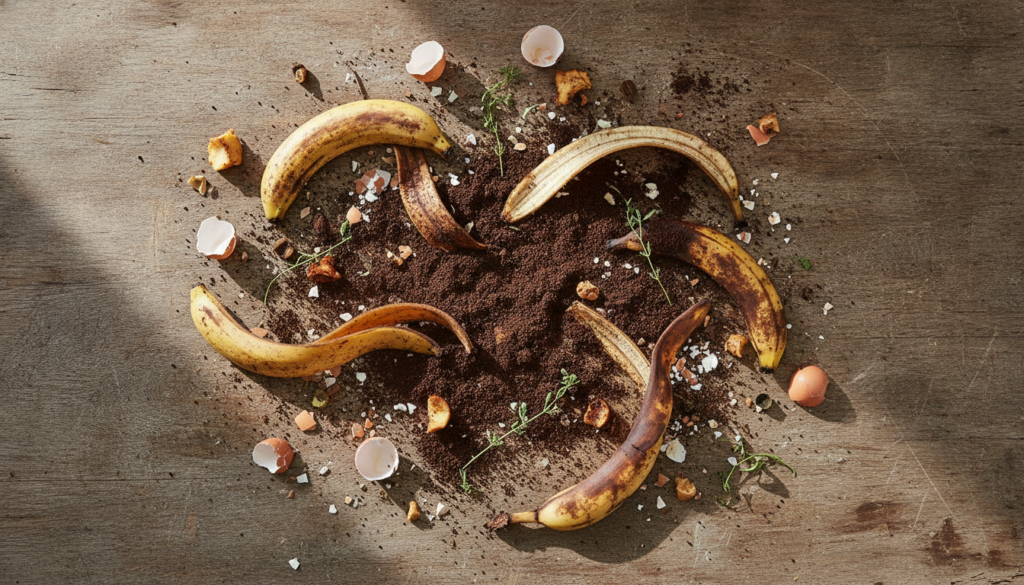 A collection of various kitchen scraps like banana peels coffee grounds and eggshells laid out on a wooden table ready t