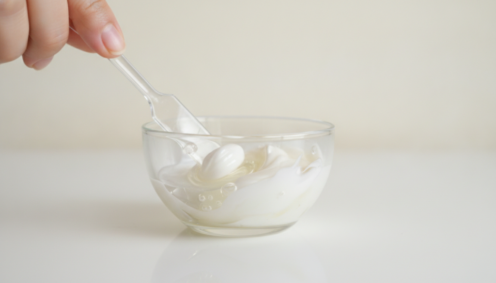 Close-up shot of a hand mixing Vaseline and glycerin in a small bowl showing the texture of the products