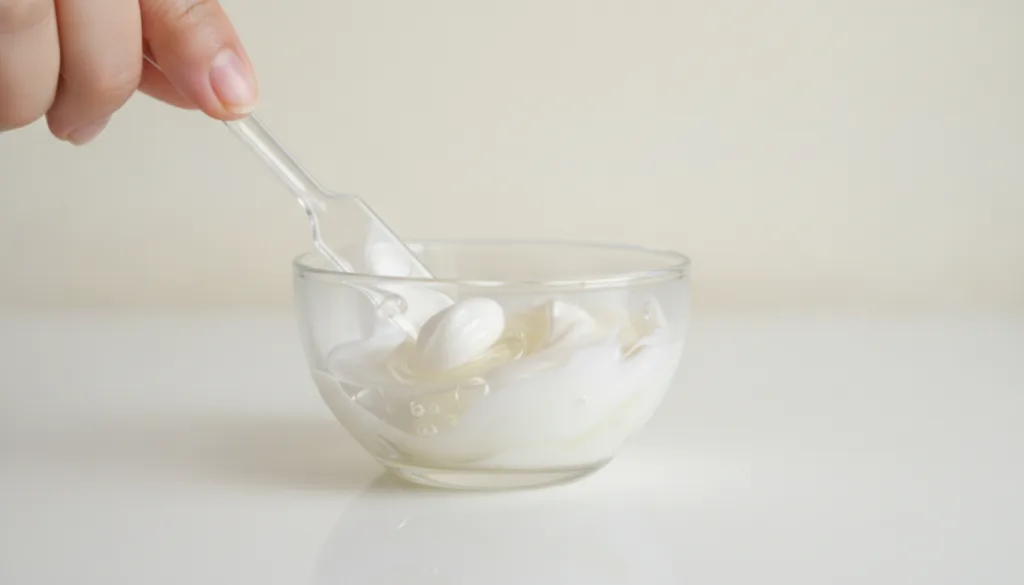 Close-up shot of a hand mixing Vaseline and glycerin in a small bowl showing the texture of the products