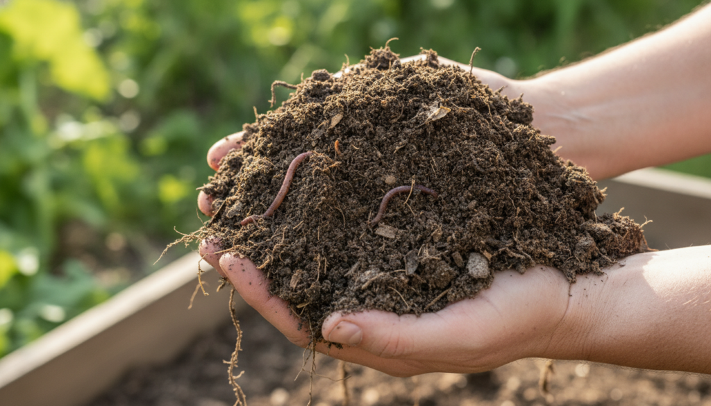 A close-up of healthy dark crumbly garden soil with visible organic matter and a few small earthworms being gently held
