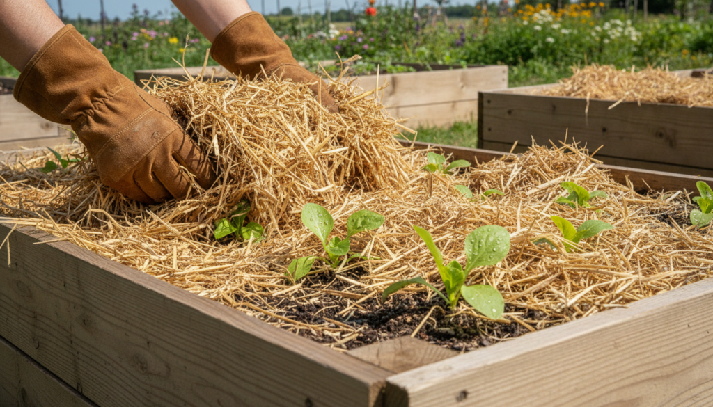 A gardener spreading a layer of straw mulch around vegetable plants in a raised garden bed