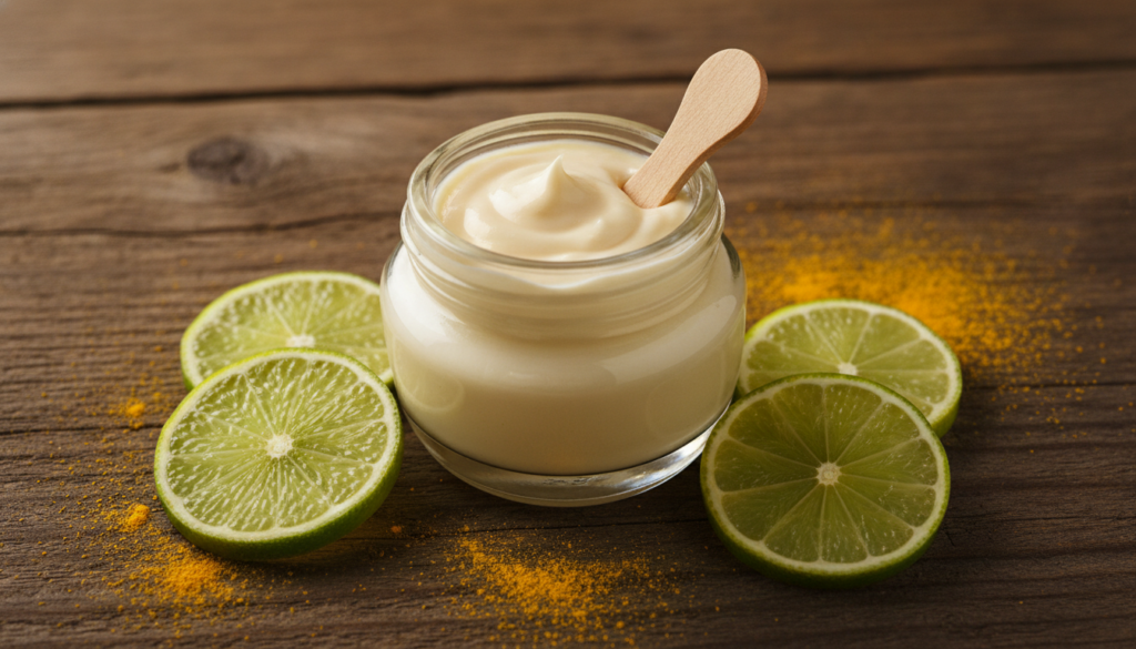 A small glass jar of homemade night balm with a wooden spatula surrounded by a few fresh lime slices and a sprinkle of t
