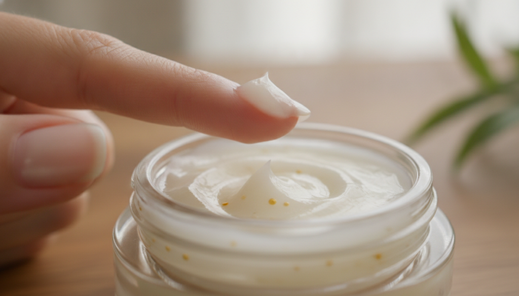 A close-up of a small glass jar containing the mixed Vaseline and Vitamin E balm with a clean finger gently dabbing some
