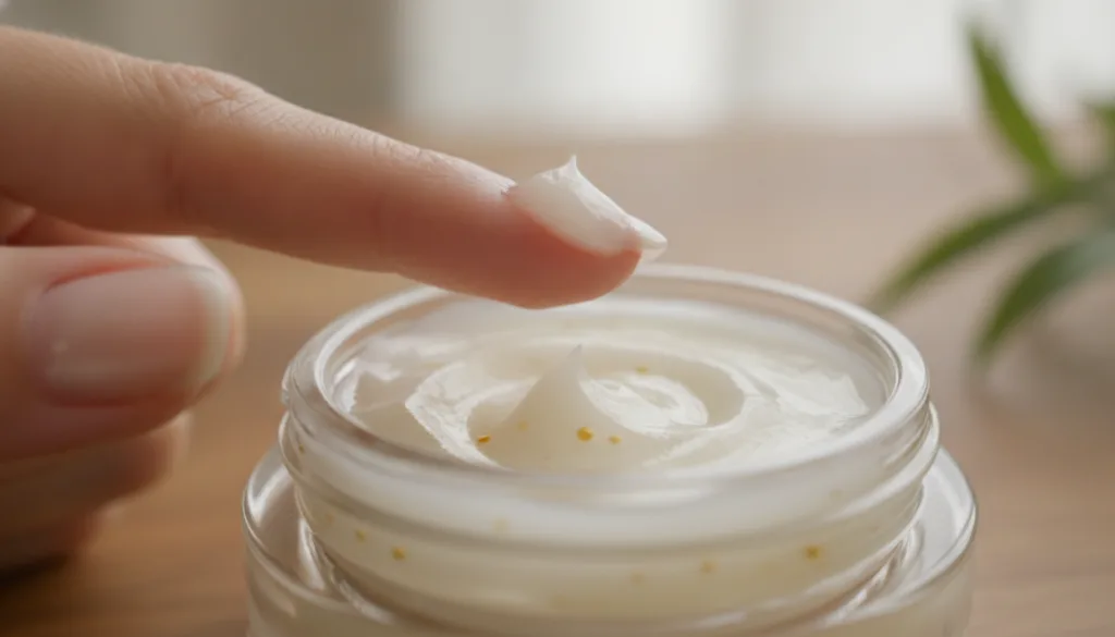A close-up of a small glass jar containing the mixed Vaseline and Vitamin E balm with a clean finger gently dabbing some