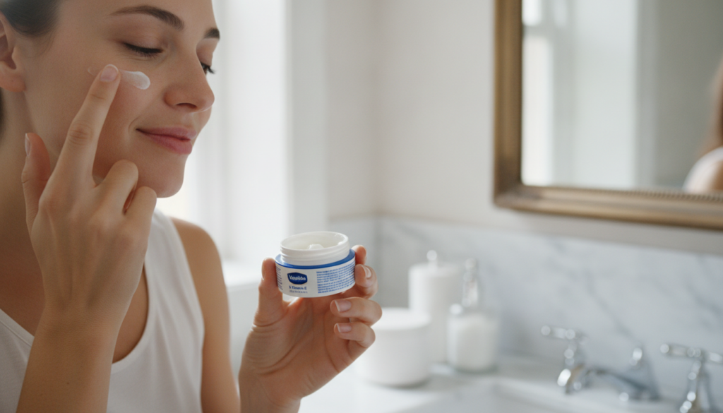 A woman gently applying the balm to her face focusing on the area around her eyes with a soft content expression in a we