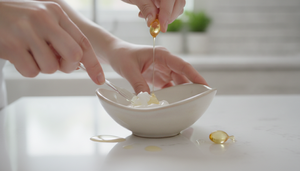 Mixing Vaseline and Vitamin E oil in a small container