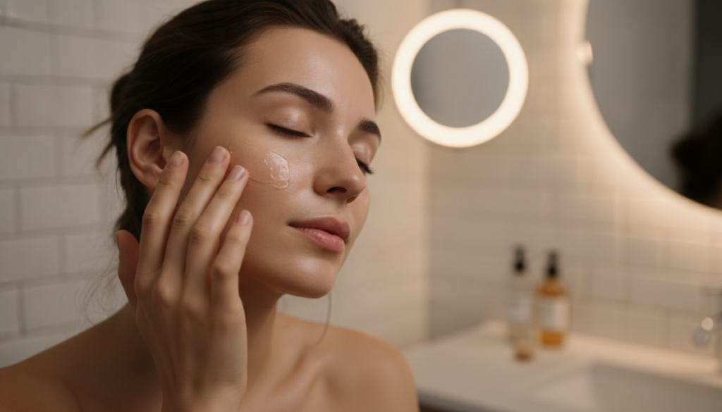 A woman gently applying a thin layer of petroleum jelly to her face as part of her evening skincare routine highlighting