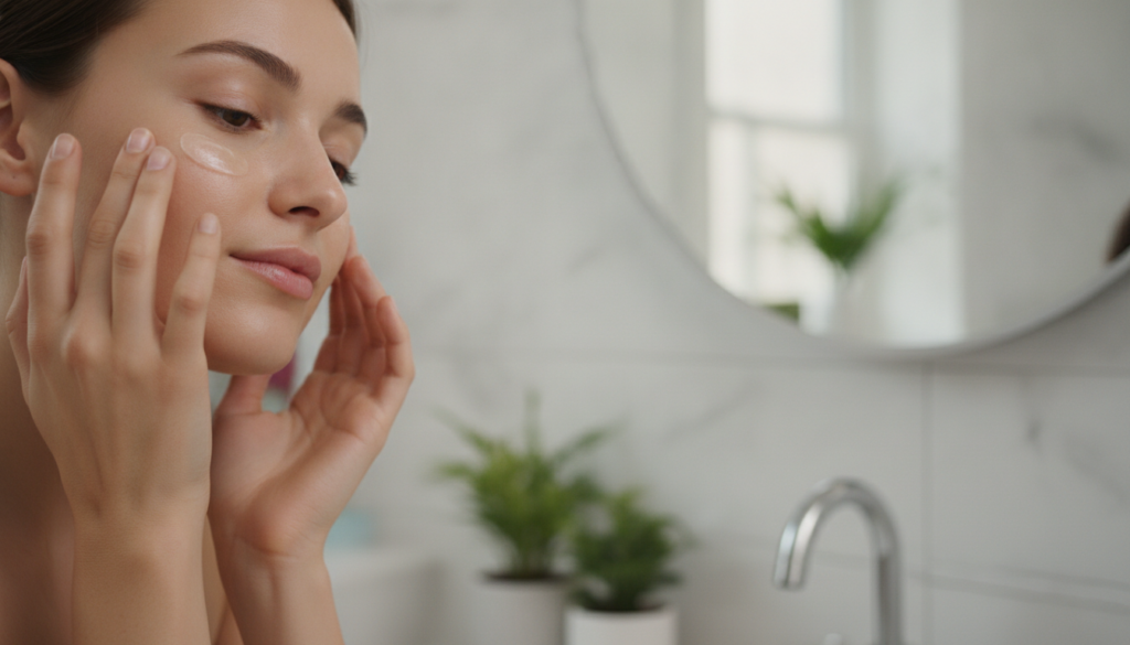 A woman gently applying the Vaseline and Vitamin E balm to her face