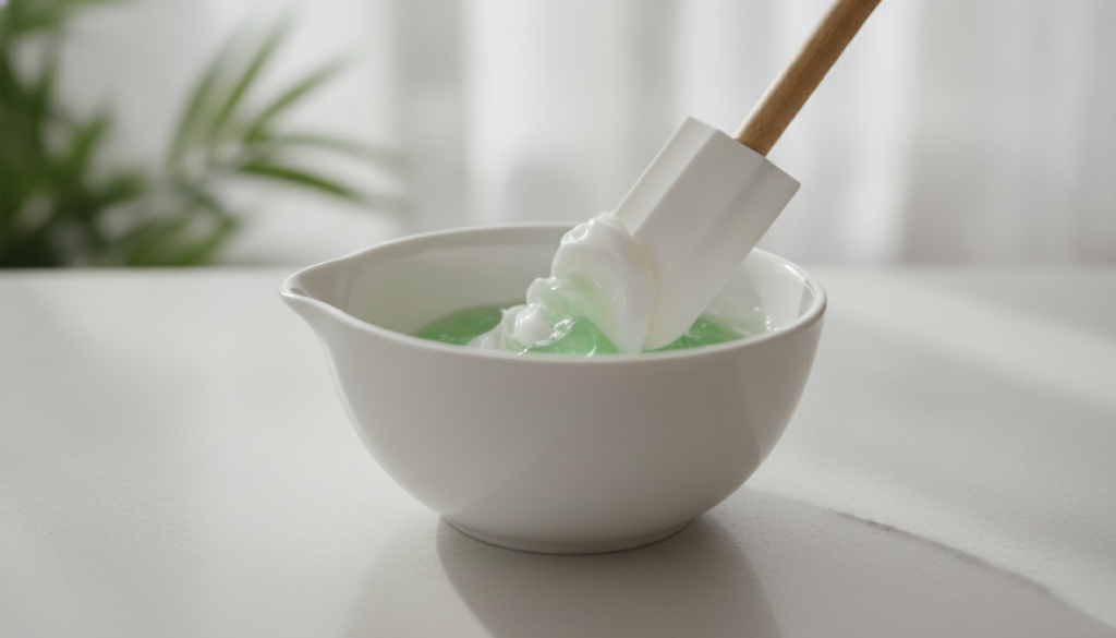 Close-up of a small bowl with Nivea Creme and aloe vera gel being mixed with a spatula