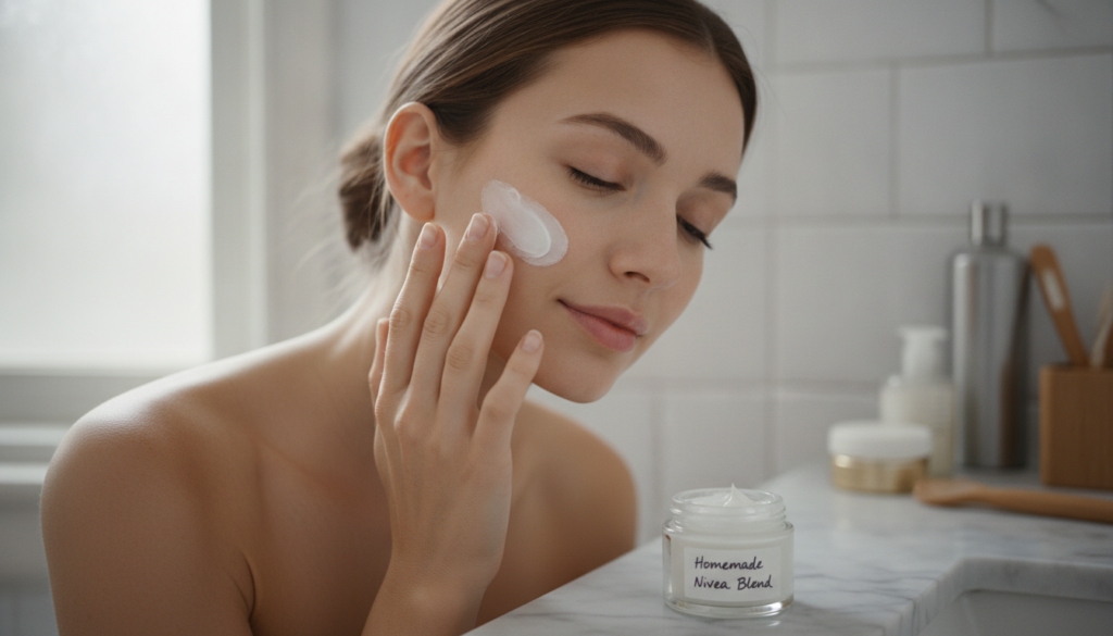 A woman gently applying a Nivea Creme mix to her face with her fingertips
