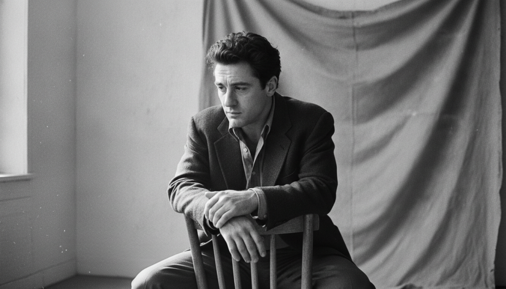 A real publicity photo of a young Robert De Niro from the 1970s or 80s possibly from the set of a film like Raging Bull