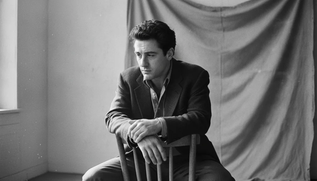A real publicity photo of a young Robert De Niro from the 1970s or 80s possibly from the set of a film like Raging Bull