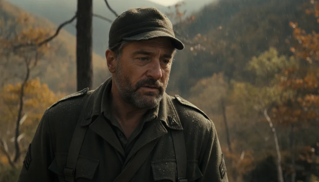A real film still of Robert De Niro in a dramatic non-gangster role such as from The Deer Hunter or Awakenings