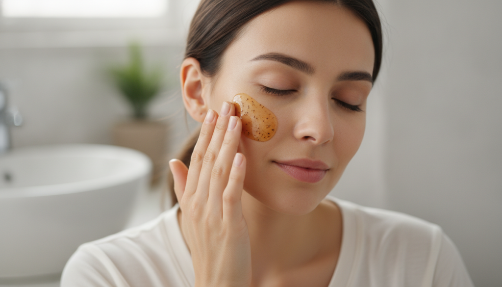 A woman gently massaging the coffee and baby oil blend onto her face with a serene expression focusing on her cheek area