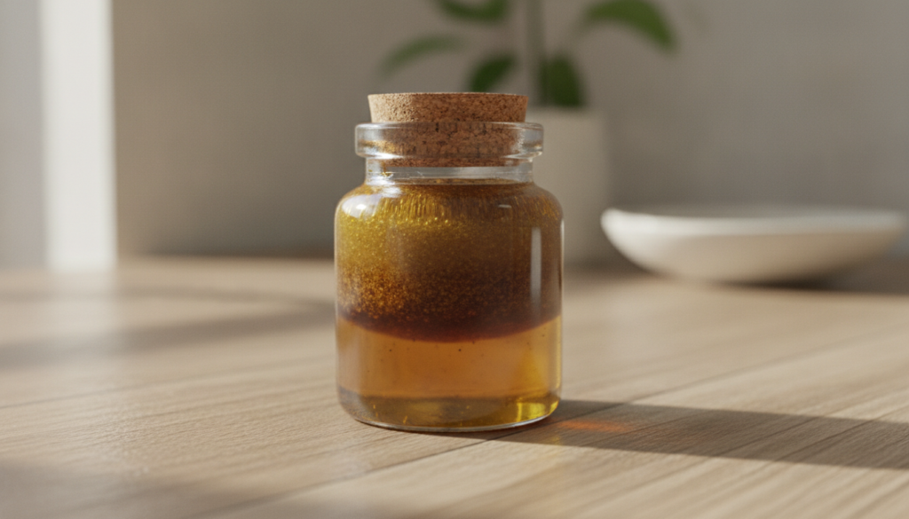 Close-up of a small glass jar filled with the prepared coffee and baby oil blend labeled for storage