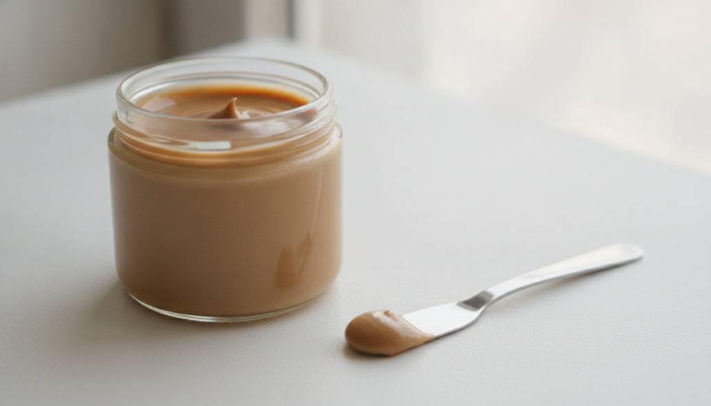 A small glass jar containing the mixed coffee and Vaseline cream with a small spatula beside it on a clean surface