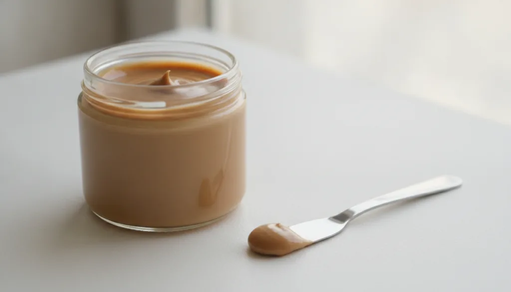 A small glass jar containing the mixed coffee and Vaseline cream with a small spatula beside it on a clean surface