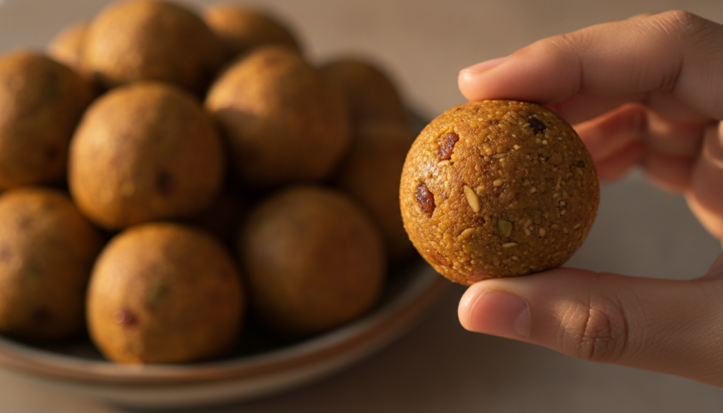 A hand holding a perfectly round finished Collagen Laddu showing its texture and ingredients against a soft-focus backgr