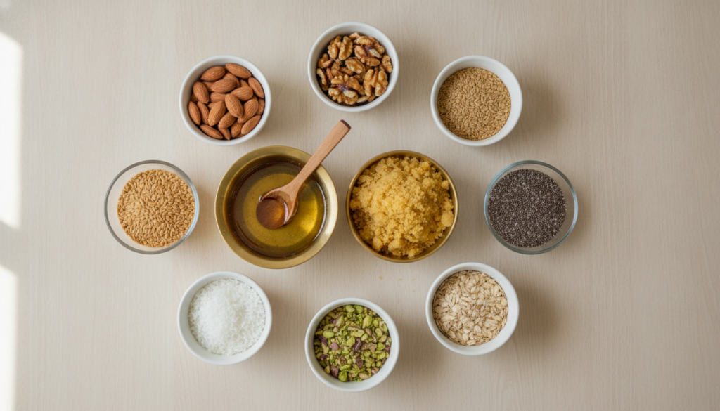 Various ingredients for the Collagen Laddu laid out on a clean counter separate bowls of almonds walnuts flax seeds chia