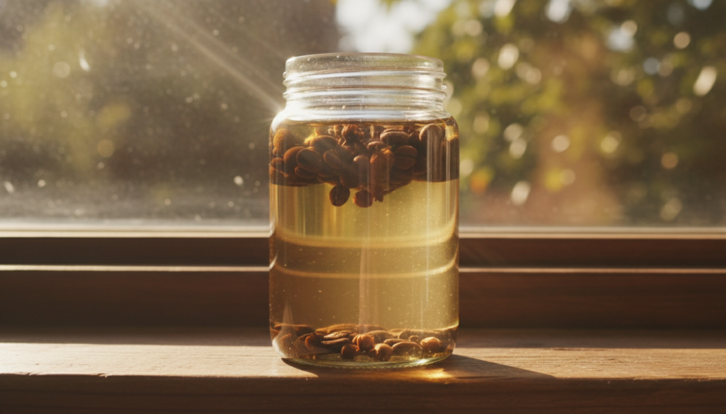 A glass jar filled with baby oil whole coffee beans and whole cloves sitting in a sunny window for infusion