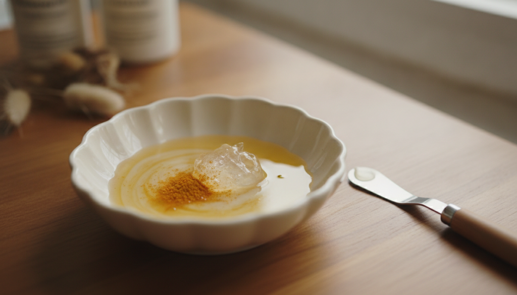 Small dish with mixed ingredients for night glow oil a few drops of infused oil a dab of petroleum jelly a drop of aloe