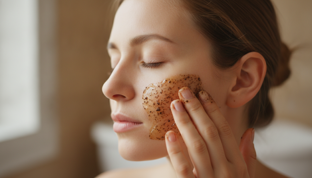 A woman gently massaging the coffee and Vaseline mixture onto her cheek in a circular motion with a soft clean towel nea