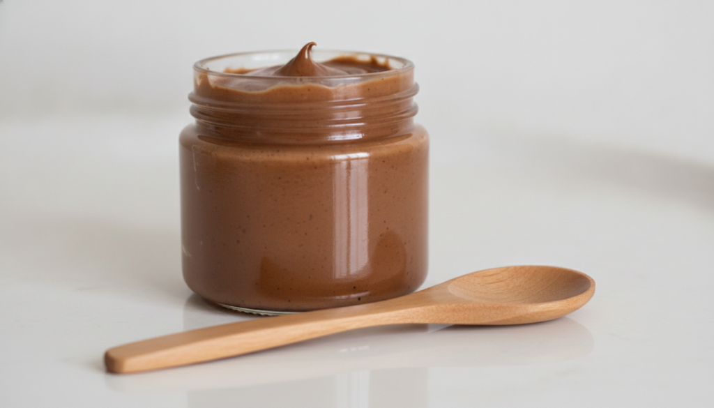 A small clean jar filled with a freshly mixed Vaseline and instant coffee paste with a mixing spoon beside it