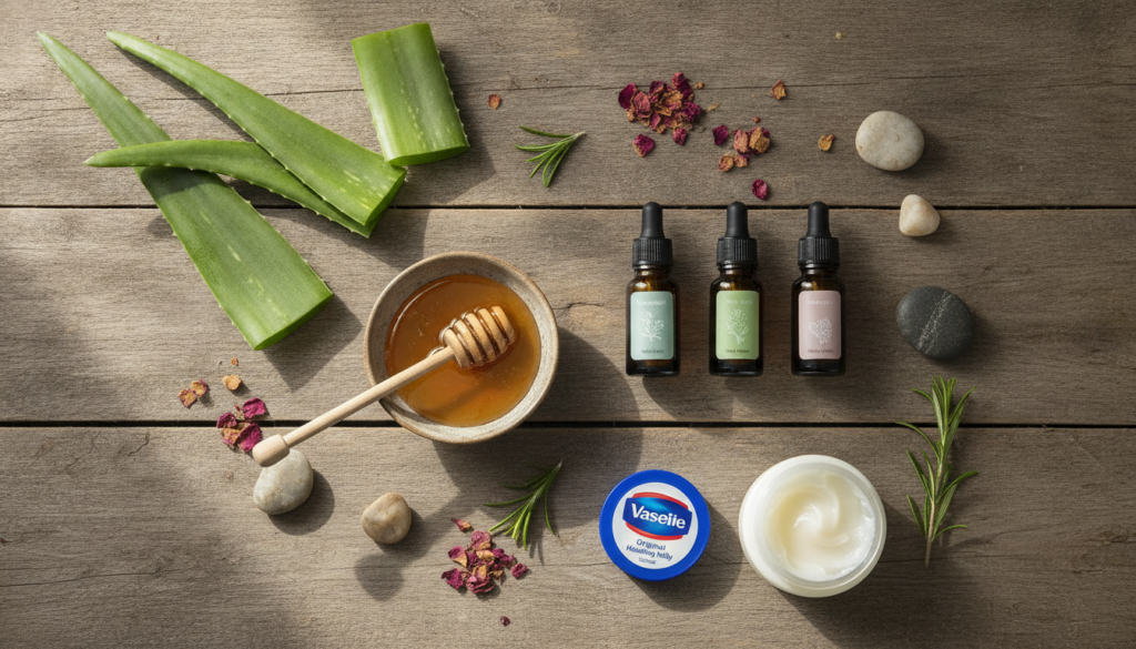 A beautifully arranged flat lay of various natural skincare ingredients like aloe vera honey and essential oils with a s