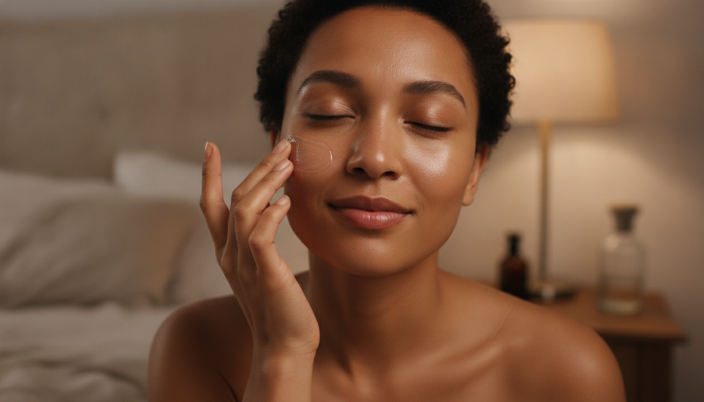Woman gently applying Vaseline to her face as part of a skincare routine showcasing the slugging method
