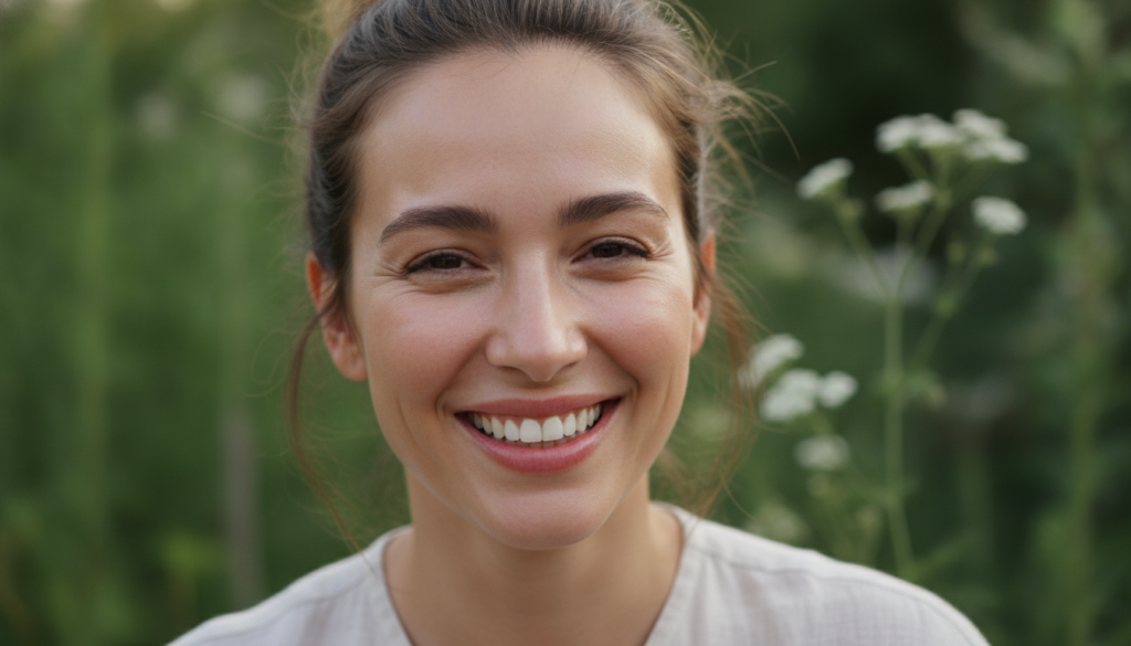A woman smiling with visibly radiant healthy and hydrated skin possibly after incorporating Vaseline into her routine