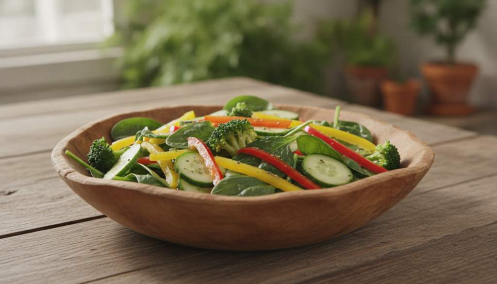 A beautifully arranged colorful mixed salad featuring a balance of high-fiber vegetables like spinach and broccoli along