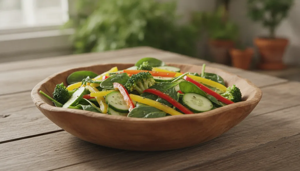 A beautifully arranged colorful mixed salad featuring a balance of high-fiber vegetables like spinach and broccoli along