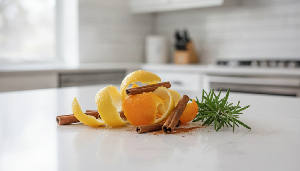 A bright clean kitchen counter with a bowl of fresh lemon and orange peels a sprig of rosemary and cinnamon sticks sugge