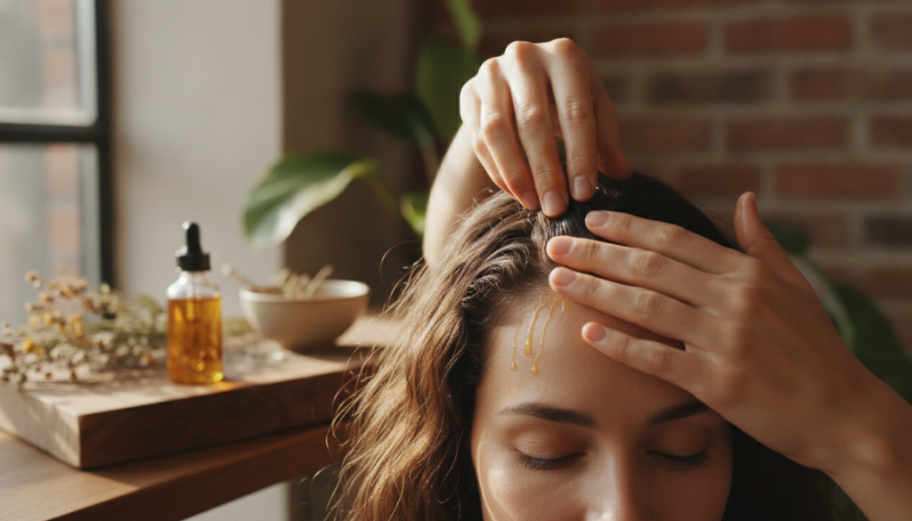 A person s hands gently massaging a DIY hair oil into their scalp focusing on the roots of their hair