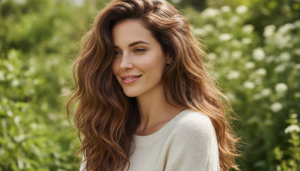 A woman with healthy shiny and visibly fuller hair smiling gently