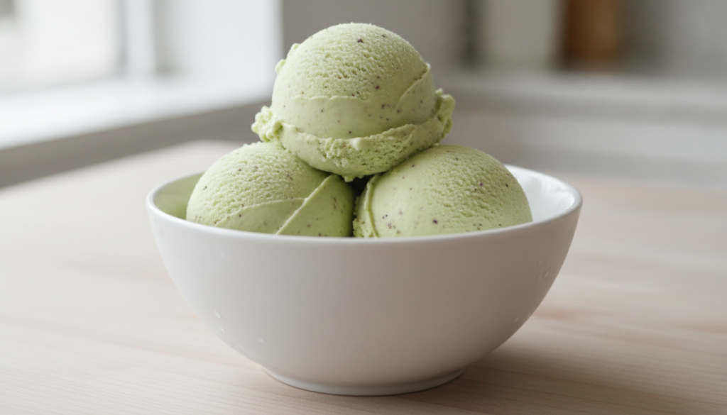 Multiple perfect scoops of creamy pastel-green avocado banana ice cream stacked in a white ceramic bowl garnished lightl