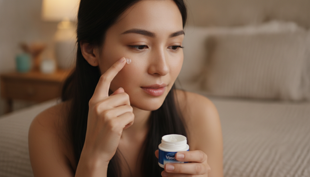 A woman gently dabbing a tiny amount of Vaseline around her eye area with her finger as part of her nightly skincare rou