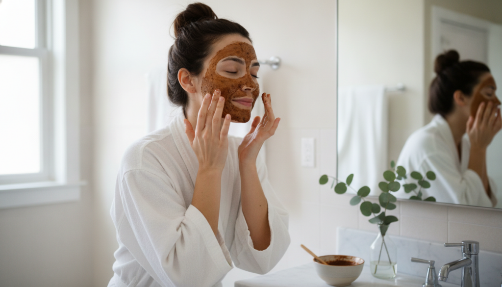 A woman applying a coffee face mask to her clean face with her fingertips in a brightly lit bathroom