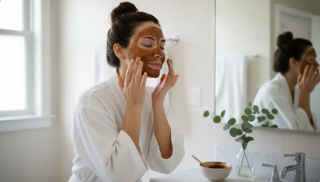 A woman applying a coffee face mask to her clean face with her fingertips in a brightly lit bathroom